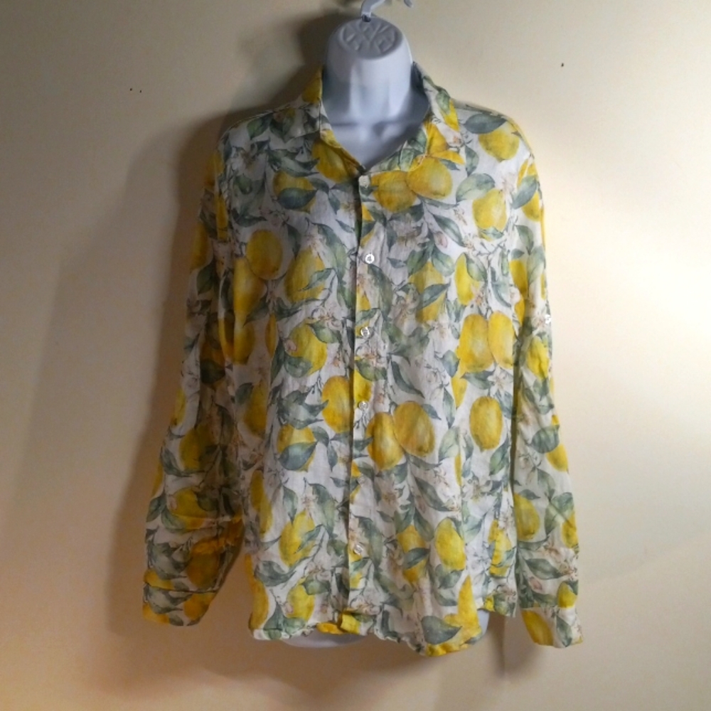 Natural Fiber 100% Linen Made in Italy button down long-sleeved Lemon Print Med